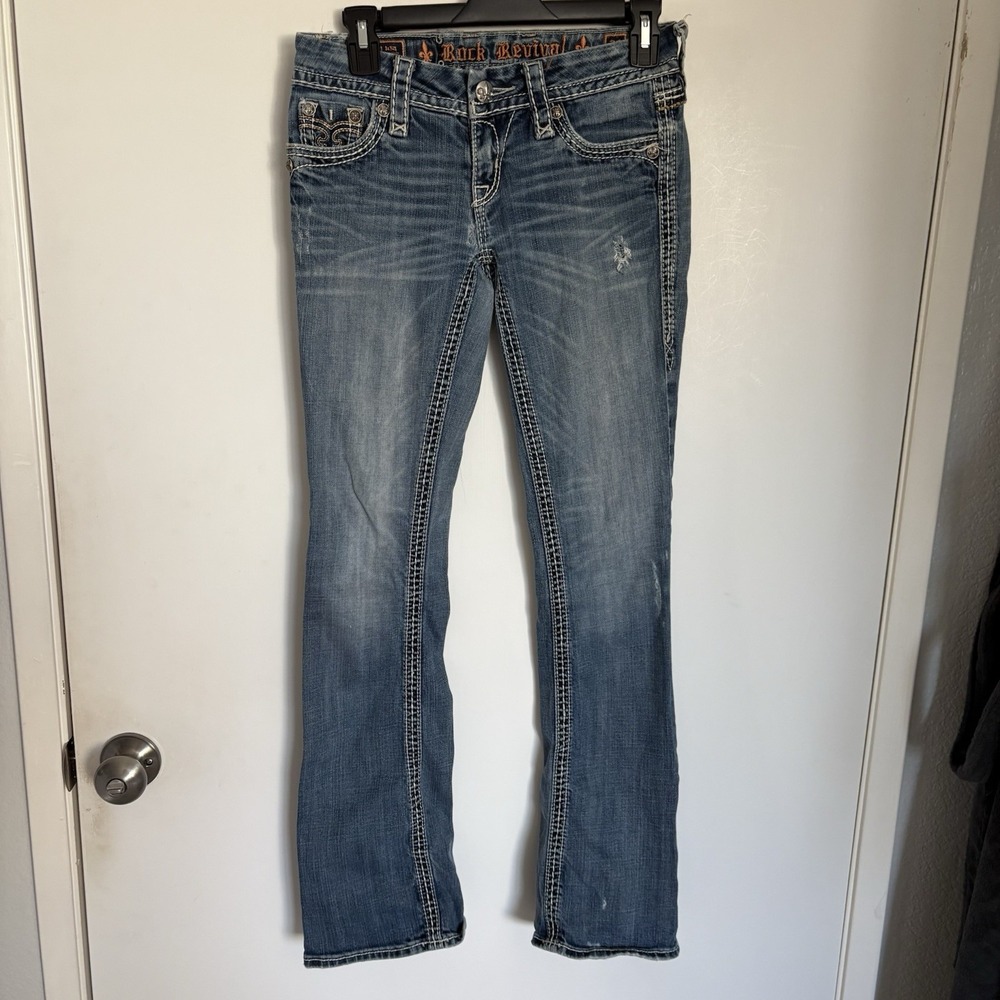 Rock Revival Jeans Size 26 Women's Anja Boot Denim Rhinestones Distressed Blue - Picture 2 of 15